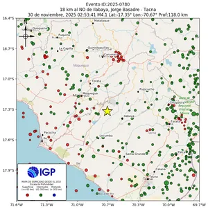 Mapa sísmico del sismo de magnitud 4.1 a 18 km al NO de Ilabaya, Jorge Basadre - Tacna, Perú