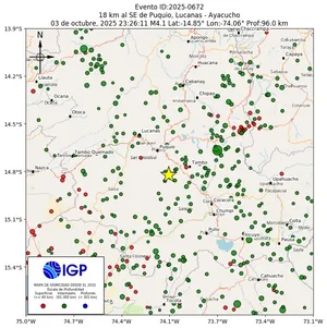 Mapa sísmico del sismo de magnitud 4.1 a 18 km al SE de Puquio, Lucanas - Ayacucho, Perú