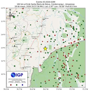 Mapa sísmico del sismo de magnitud 4.1 a 182 km al N de Santa María de Nieva, Condorcanqui - Amazonas, Perú