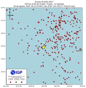 Mapa sísmico del sismo de magnitud 4.1 a 187 km al SO de Trujillo, Trujillo - La Libertad, Perú