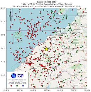 Mapa sísmico del sismo de magnitud 4.1 a 19 km al SE de Zorritos, Contralmirante Villar - Tumbes, Perú