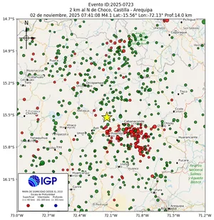 Mapa sísmico del sismo de magnitud 4.1 a 2 km al N de Choco, Castilla - Arequipa, Perú