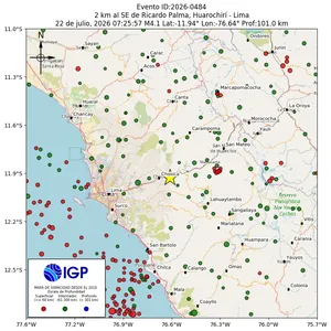Mapa sísmico del sismo de magnitud 4.1 a 2 km al SE de Ricardo Palma, Huarochirí - Lima, Perú