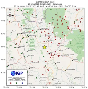 Mapa sísmico del sismo de magnitud 4.1 a 20 km al NO de Jaén, Jaén - Cajamarca, Perú