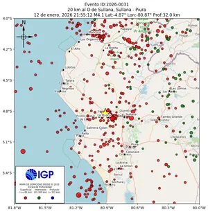 Mapa sísmico del sismo de magnitud 4.1 a 20 km al O de Sullana, Sullana - Piura, Perú