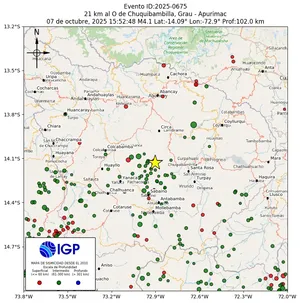 Mapa sísmico del sismo de magnitud 4.1 a 21 km al O de Chuquibambilla, Grau - Apurimac, Perú