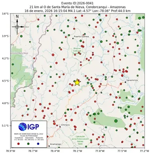 Mapa sísmico del sismo de magnitud 4.1 a 21 km al O de Santa María de Nieva, Condorcanqui - Amazonas, Perú