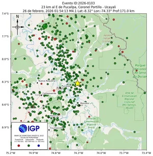 Mapa sísmico del sismo de magnitud 4.1 a 23 km al E de Pucallpa, Coronel Portillo - Ucayali, Perú