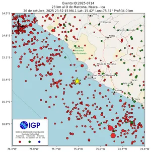 Mapa sísmico del sismo de magnitud 4.1 a 23 km al O de Marcona, Nasca - Ica, Perú