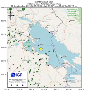 Mapa sísmico del sismo de magnitud 4.1 a 23 km al SE de Amantani, Puno - Puno, Perú
