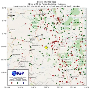Mapa sísmico del sismo de magnitud 4.1 a 24 km al SE de Panao, Pachitea - Huánuco, Perú