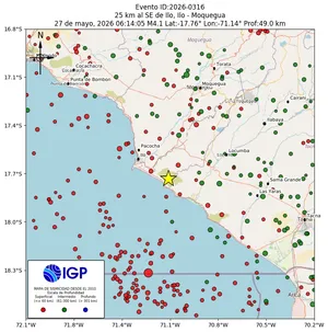 Mapa sísmico del sismo de magnitud 4.1 a 25 km al SE de Ilo, Ilo - Moquegua, Perú