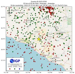 Mapa sísmico del sismo de magnitud 4.1 a 25 km al SO de Vitor, Arequipa - Arequipa, Perú