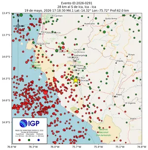 Mapa sísmico del sismo de magnitud 4.1 a 28 km al S de Ica, Ica - Ica, Perú