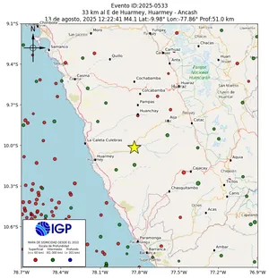 Mapa sísmico del sismo de magnitud 4.1 a 33 km al E de Huarmey, Huarmey - Ancash, Perú