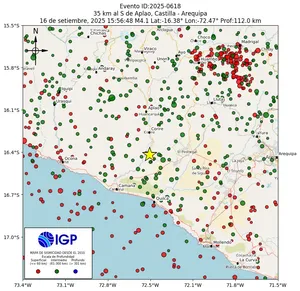 Mapa sísmico del sismo de magnitud 4.1 a 35 km al S de Aplao, Castilla - Arequipa, Perú