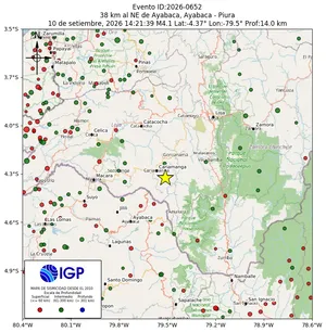 Mapa sísmico del sismo de magnitud 4.1 a 38 km al NE de Ayabaca, Ayabaca - Piura, Perú
