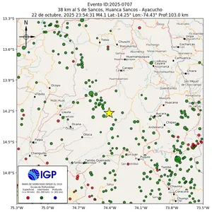 Mapa sísmico del sismo de magnitud 4.1 a 38 km al S de Sancos, Huanca Sancos - Ayacucho, Perú