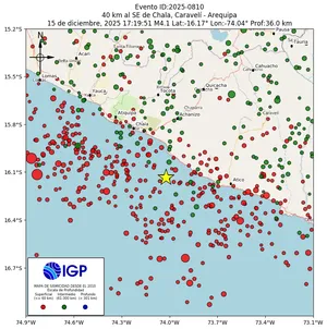 Mapa sísmico del sismo de magnitud 4.1 a 40 km al SE de Chala, Caravelí - Arequipa, Perú