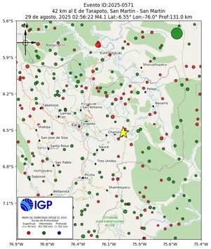 Mapa sísmico del sismo de magnitud 4.1 a 42 km al E de Tarapoto, San Martin - San Martin, Perú