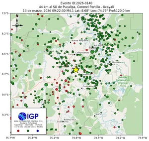 Mapa sísmico del sismo de magnitud 4.1 a 44 km al SO de Pucallpa, Coronel Portillo - Ucayali, Perú