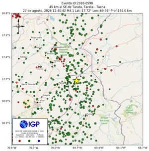 Mapa sísmico del sismo de magnitud 4.1 a 45 km al SE de Tarata, Tarata - Tacna, Perú