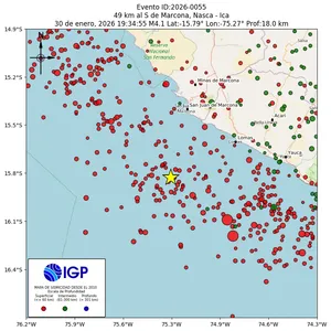 Mapa sísmico del sismo de magnitud 4.1 a 49 km al S de Marcona, Nasca - Ica, Perú