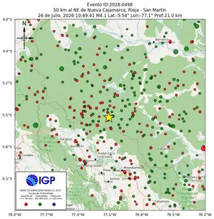 Mapa sísmico del sismo de magnitud 4.1 a 50 km al NE de Nueva Cajamarca, Rioja - San Martín, Perú