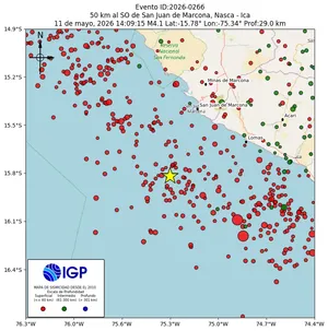 Mapa sísmico del sismo de magnitud 4.1 a 50 km al SO de San Juan de Marcona, Nasca - Ica, Perú