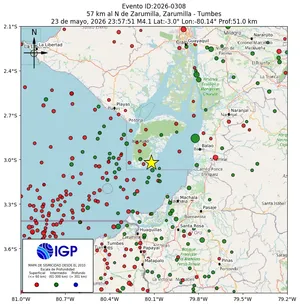 Mapa sísmico del sismo de magnitud 4.1 a 57 km al N de Zarumilla, Zarumilla - Tumbes, Perú