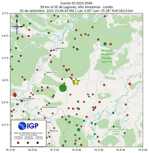 Mapa sísmico del sismo de magnitud 4.1 a 58 km al SE de Lagunas, Alto Amazonas - Loreto, Perú
