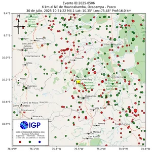Mapa sísmico del sismo de magnitud 4.1 a 6 km al NE de Huancabamba, Oxapampa - Pasco, Perú