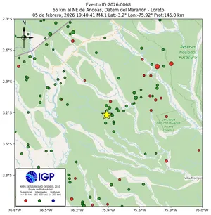 Mapa sísmico del sismo de magnitud 4.1 a 65 km al NE de Andoas, Datem del Marañón - Loreto, Perú