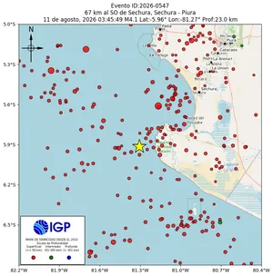 Mapa sísmico del sismo de magnitud 4.1 a 67 km al SO de Sechura, Sechura - Piura, Perú