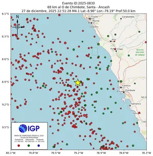 Mapa sísmico del sismo de magnitud 4.1 a 68 km al O de Chimbote, Santa - Áncash, Perú