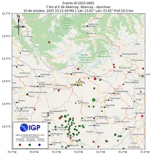 Mapa sísmico del sismo de magnitud 4.1 a 7 km al E de Abancay, Abancay - Apurímac, Perú