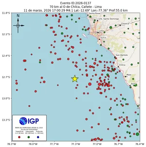 Mapa sísmico del sismo de magnitud 4.1 a 70 km al O de Chilca, Cañete - Lima, Perú