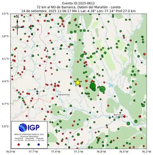 Mapa sísmico del sismo de magnitud 4.1 a 72 km al NO de Barranca, Datem del Marañón - Loreto, Perú
