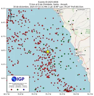 Mapa sísmico del sismo de magnitud 4.1 a 73 km al O de Chimbote, Santa - Áncash, Perú