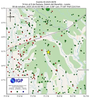 Mapa sísmico del sismo de magnitud 4.1 a 74 km al O de Pastaza, Datem del Marañón - Loreto, Perú