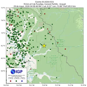 Mapa sísmico del sismo de magnitud 4.1 a 76 km al E de Pucallpa, Coronel Portillo - Ucayali, Perú
