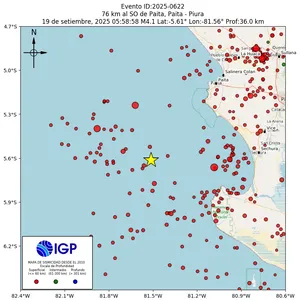 Mapa sísmico del sismo de magnitud 4.1 a 76 km al SO de Paita, Paita - Piura, Perú