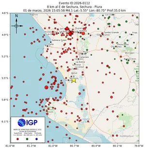 Mapa sísmico del sismo de magnitud 4.1 a 8 km al E de Sechura, Sechura - Piura, Perú