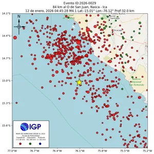 Mapa sísmico del sismo de magnitud 4.1 a 84 km al O de San Juan, Nasca - Ica, Perú