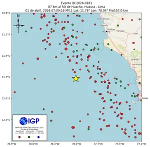 Mapa sísmico del sismo de magnitud 4.1 a 87 km al SO de Huacho, Huaura - Lima, Perú