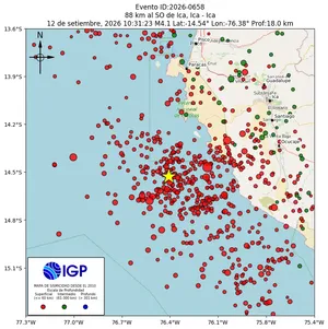 Mapa sísmico del sismo de magnitud 4.1 a 88 km al SO de Ica, Ica - Ica, Perú