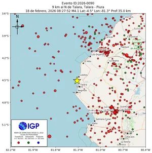 Mapa sísmico del sismo de magnitud 4.1 a 9 km al N de Talara, Talara - Piura, Perú