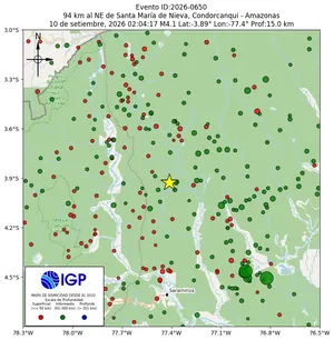 Mapa sísmico del sismo de magnitud 4.1 a 94 km al NE de Santa María de Nieva, Condorcanqui - Amazonas, Perú