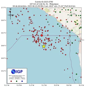 Mapa sísmico del sismo de magnitud 4.2 a 107 km al S de Ilo, Ilo - Moquegua, Perú