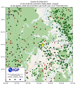 Mapa sísmico del sismo de magnitud 4.2 a 11 km al NE de Curimaná, Padre Abad - Ucayali, Perú